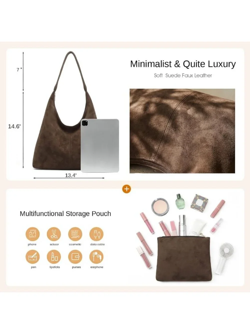 Soft Slouchy Suede Hobo Bag for Women - Casual Shoulder Tote Purse for Travel